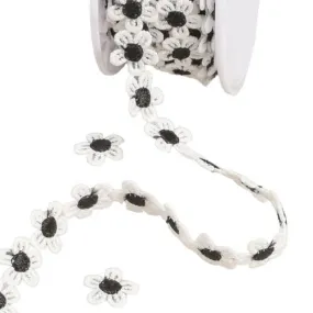 Bobine 13,5m guipure marguerite 13mm blanc/noir