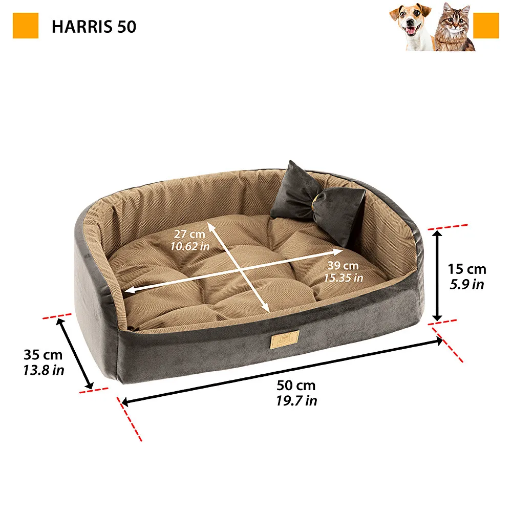 Couchage rembourré lit pour chiens et chats harris 50 lavable, avec coussin, tweed et velours, marron