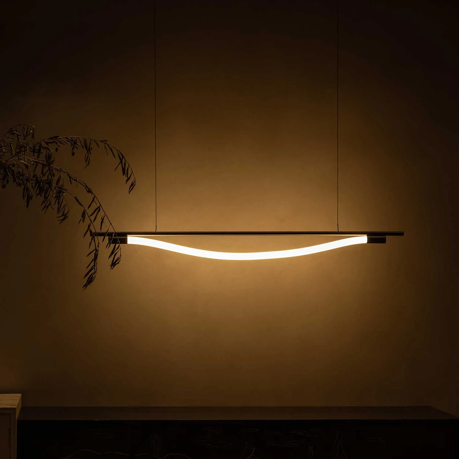 Levity Bow - Designer linear LED tube pendant light for dining room