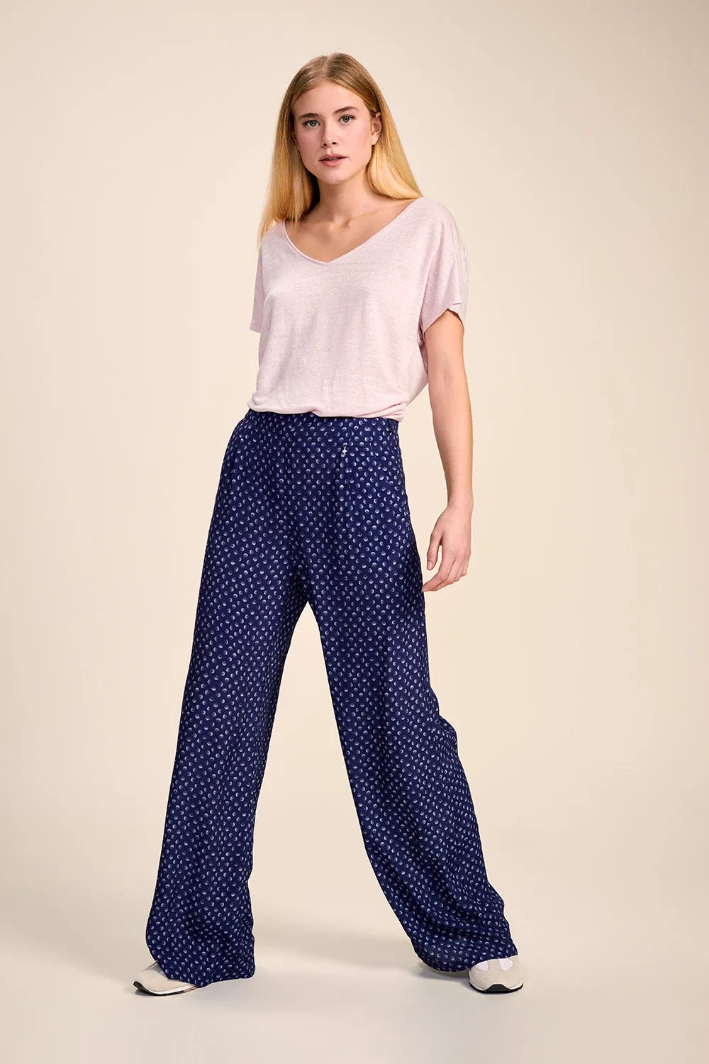 PEPITE - Pantalon large bleu à imprimé pois graphiques