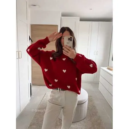 Pull rouge coeurs blancs
