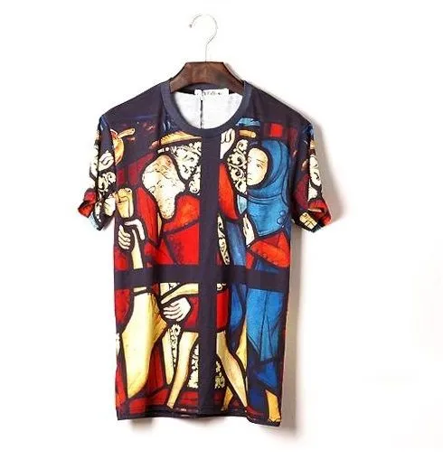 T shirt Slim Vitraux Religion Noir Rouge Bleu Streetwear