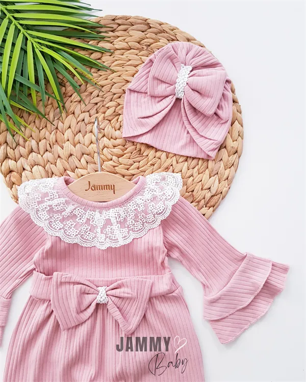 violetta lace & bow detailed jumpsuit and bonnet hat - dried