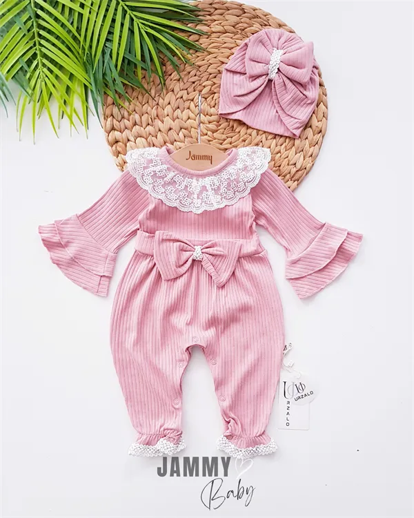 violetta lace & bow detailed jumpsuit and bonnet hat - dried